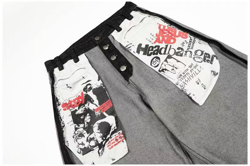 Deconstructed Reverse Wear Graphic Patch Wide-Leg Jeans - OMYGOODS
