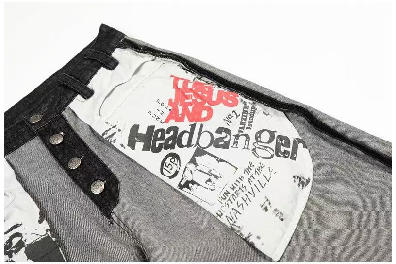 Deconstructed Reverse Wear Graphic Patch Wide-Leg Jeans - OMYGOODS