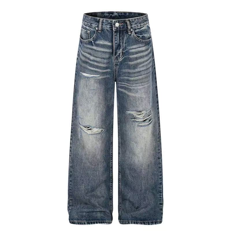 Distressed Ripped Whisker Wash Wide-Leg Jeans - OMYGOODS
