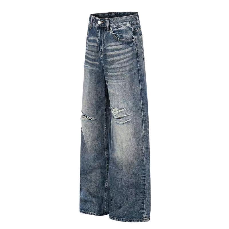 Distressed Ripped Whisker Wash Wide-Leg Jeans - OMYGOODS