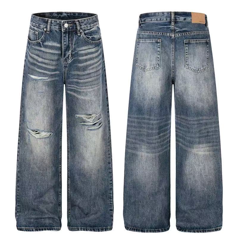 Distressed Ripped Whisker Wash Wide-Leg Jeans - OMYGOODS