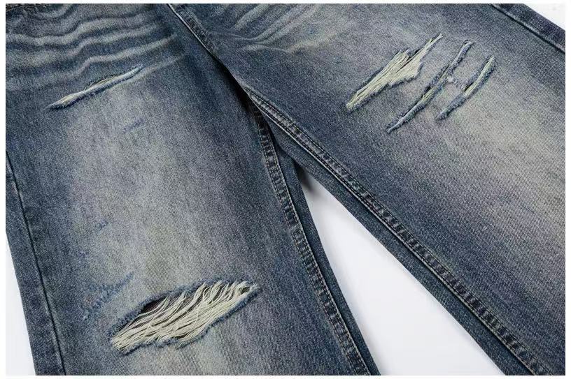 Distressed Ripped Whisker Wash Wide-Leg Jeans - OMYGOODS