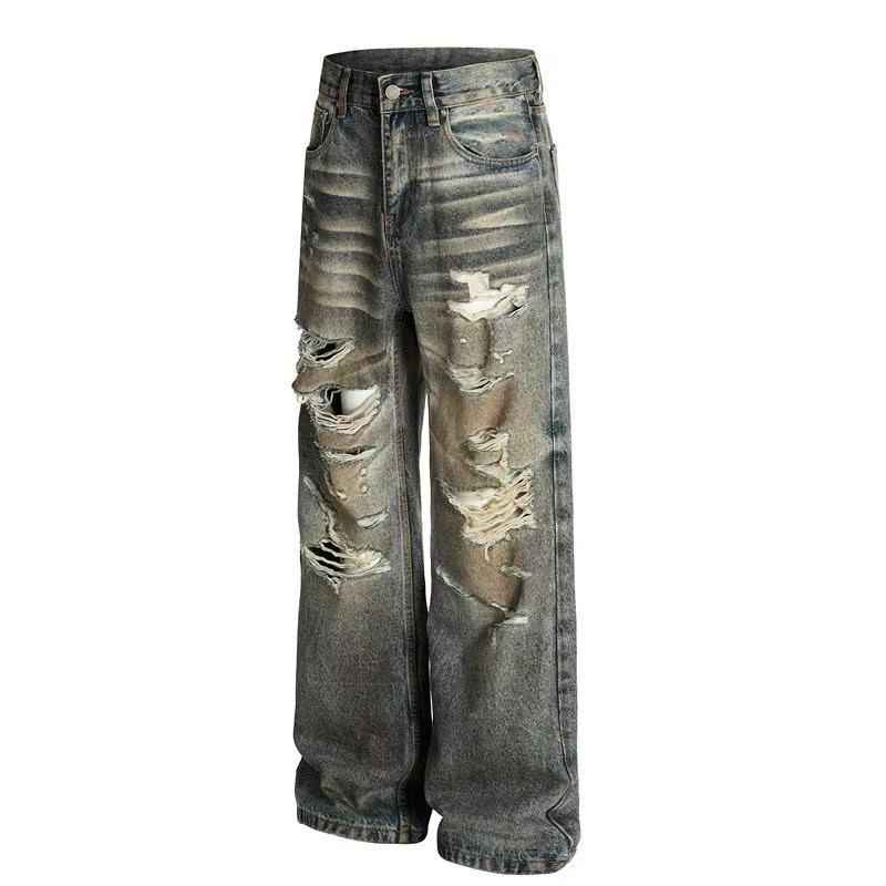 Heavy Destroyed Distressed Mud Wash Wide-Leg Jeans