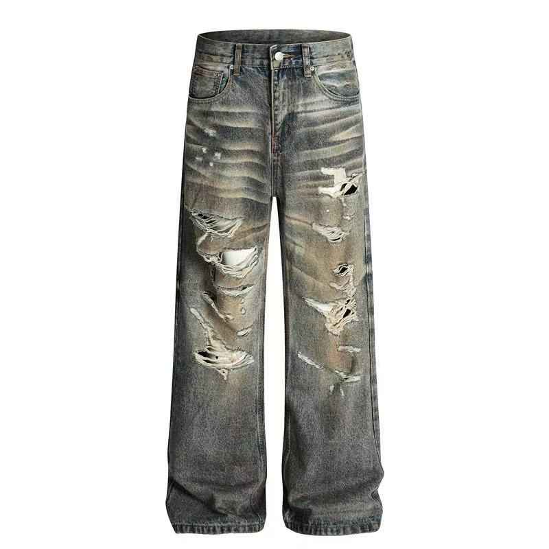 Heavy Destroyed Distressed Mud Wash Wide-Leg Jeans