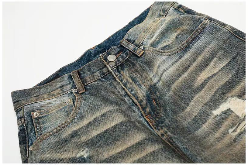 Heavy Destroyed Distressed Mud Wash Wide-Leg Jeans - OMYGOODS
