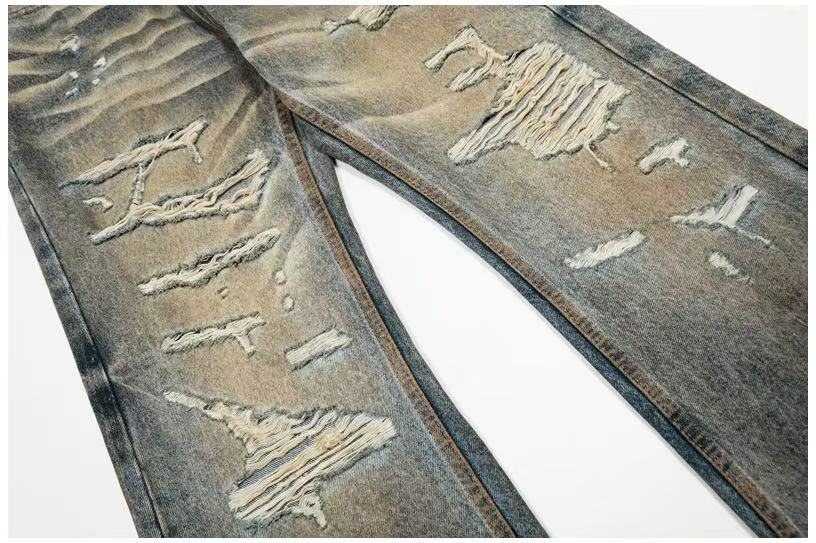 Heavy Destroyed Distressed Mud Wash Wide-Leg Jeans - OMYGOODS