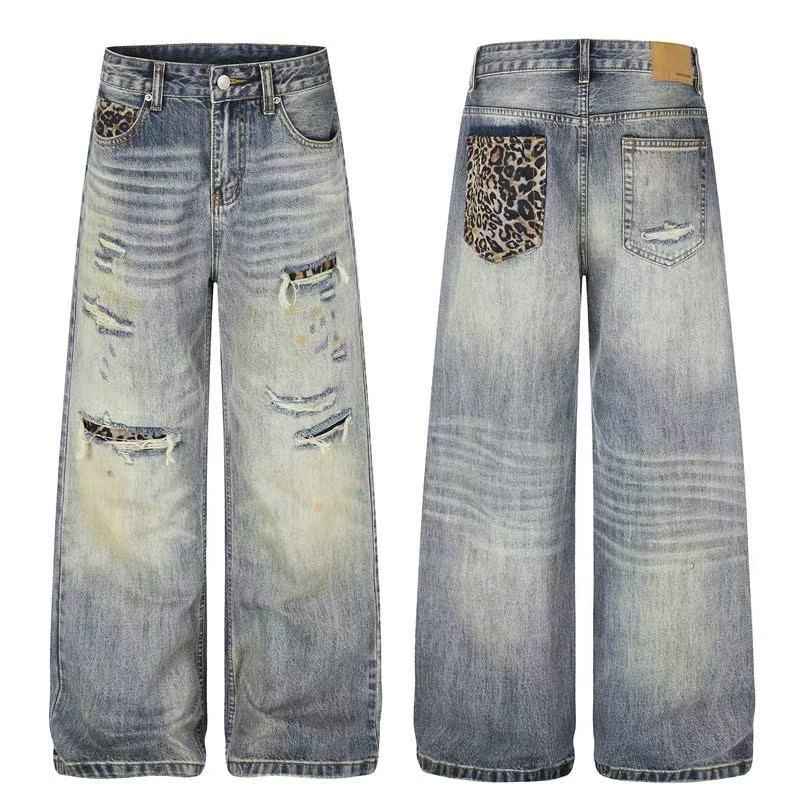 Leopard Patch Distressed Ripped Wash Wide-Leg Jeans - OMYGOODS
