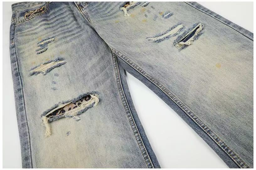 Leopard Patch Distressed Ripped Wash Wide-Leg Jeans - OMYGOODS