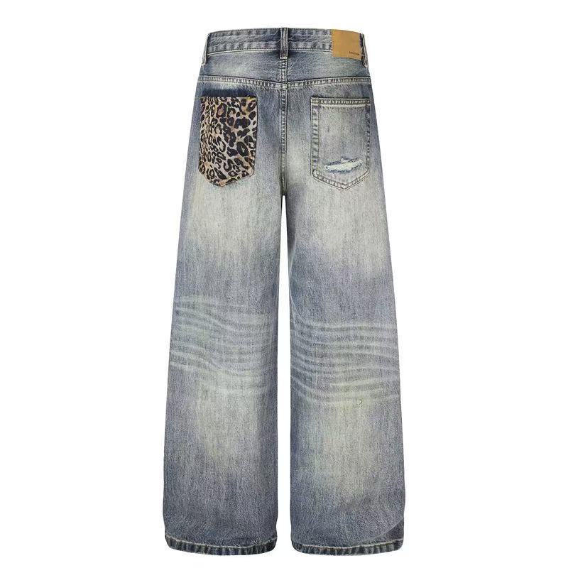 Leopard Patch Distressed Ripped Wash Wide-Leg Jeans - OMYGOODS