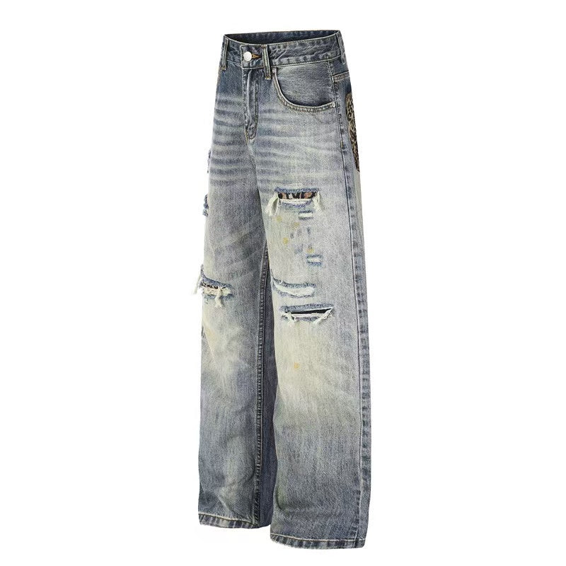 Leopard Patch Distressed Ripped Wash Wide-Leg Jeans - OMYGOODS