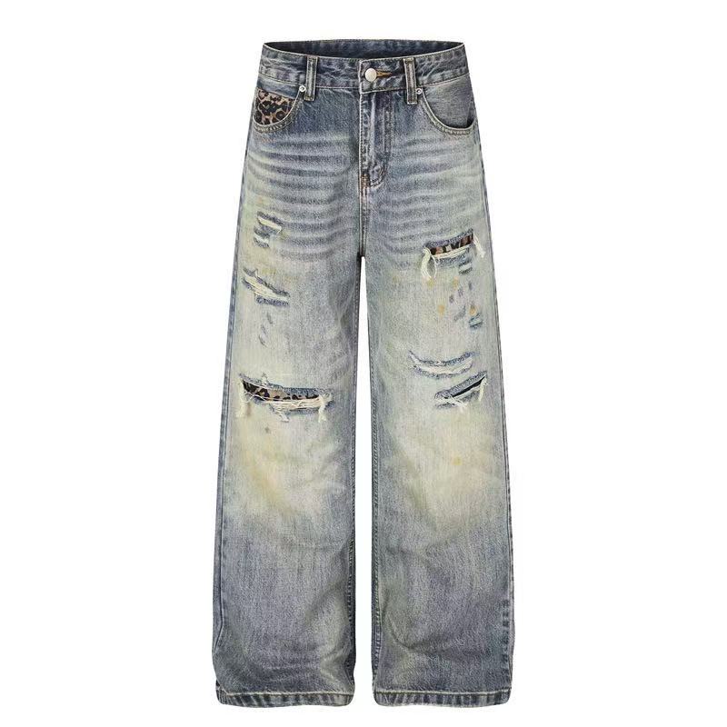 Leopard Patch Distressed Ripped Wash Wide-Leg Jeans - OMYGOODS