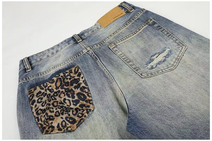 Leopard Patch Distressed Ripped Wash Wide-Leg Jeans - OMYGOODS
