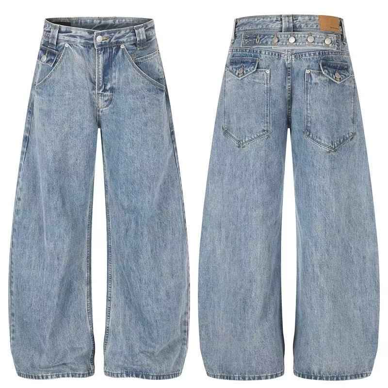 Multi-Button Layered Waist Acid Wash Wide-Leg Jeans