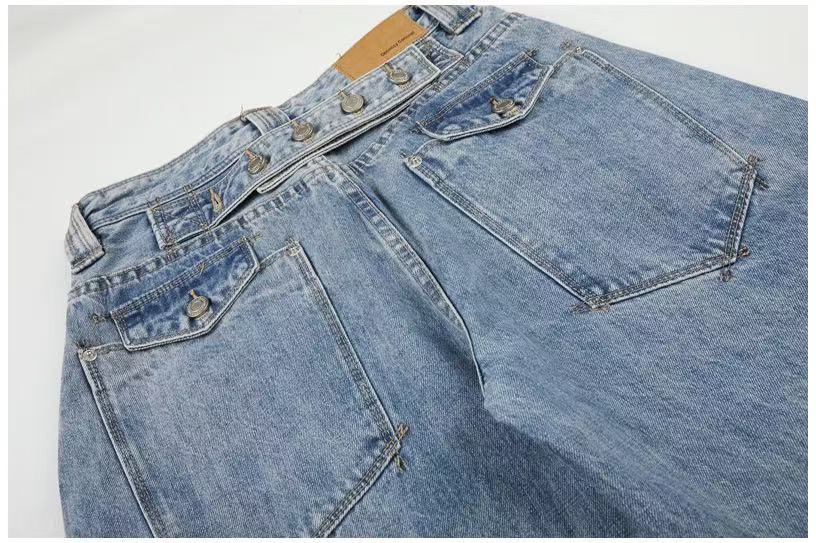 Multi-Button Layered Waist Acid Wash Wide-Leg Jeans - OMYGOODS