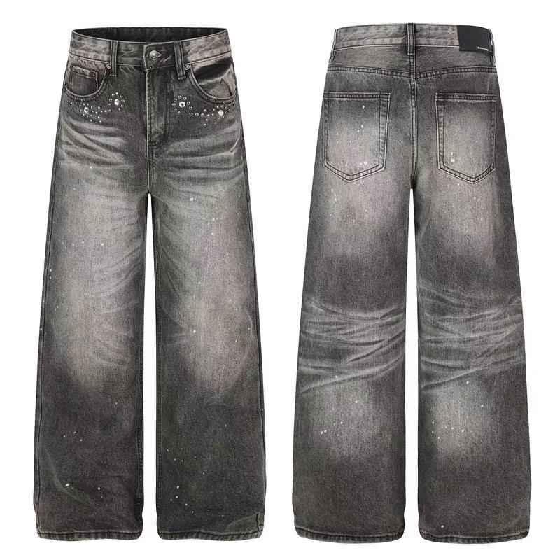 Smoky Grey Rhinestone Splatter Wash Wide-Leg Jeans