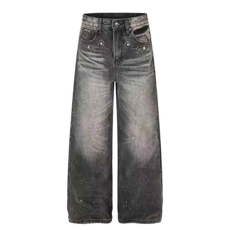 Smoky Grey Rhinestone Splatter Wash Wide-Leg Jeans