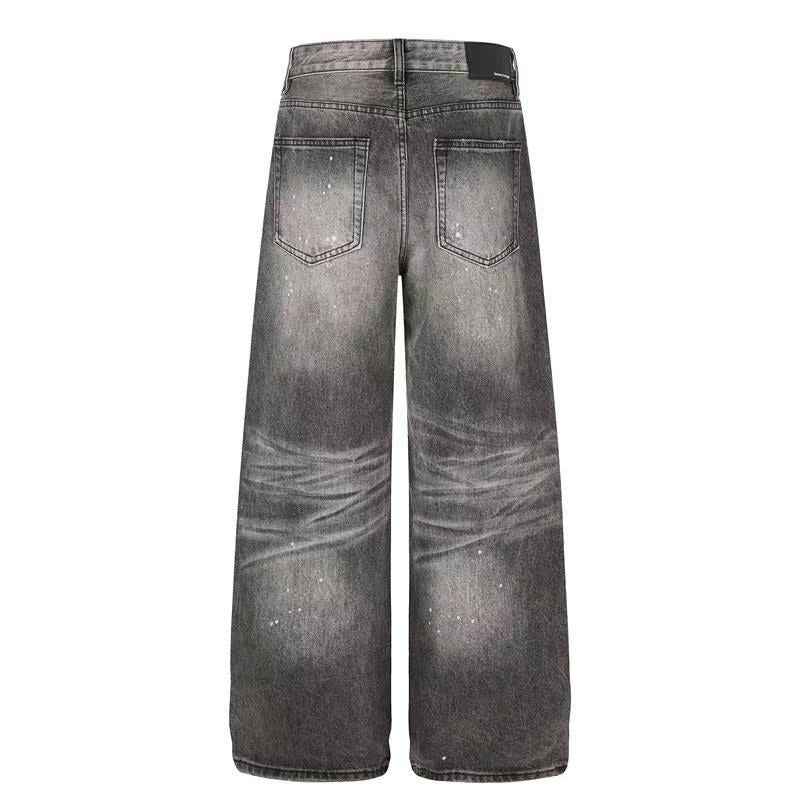Smoky Grey Rhinestone Splatter Wash Wide-Leg Jeans