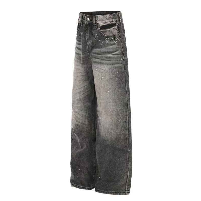 Smoky Grey Rhinestone Splatter Wash Wide-Leg Jeans