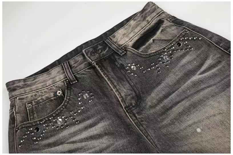 Smoky Grey Rhinestone Splatter Wash Wide-Leg Jeans