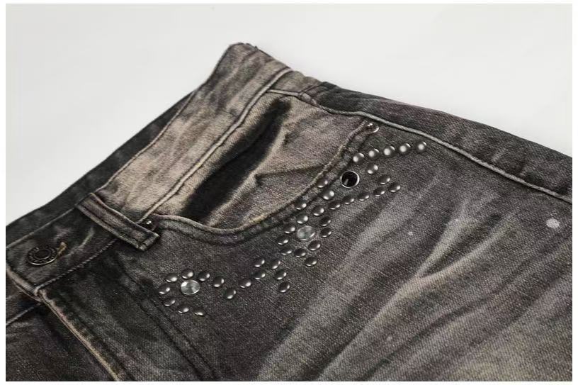Smoky Grey Rhinestone Splatter Wash Wide-Leg Jeans - OMYGOODS