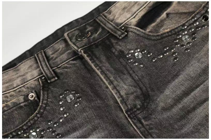Smoky Grey Rhinestone Splatter Wash Wide-Leg Jeans - OMYGOODS