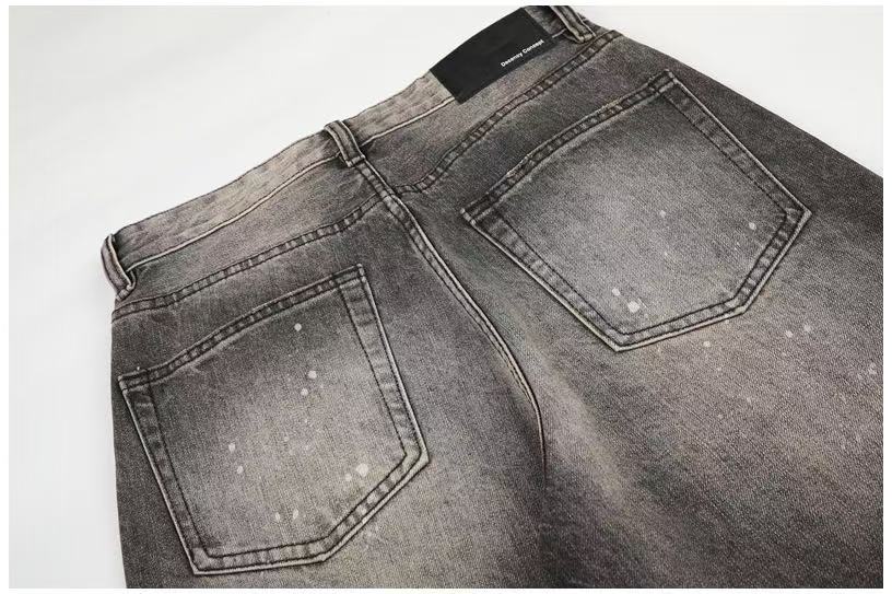 Smoky Grey Rhinestone Splatter Wash Wide-Leg Jeans - OMYGOODS