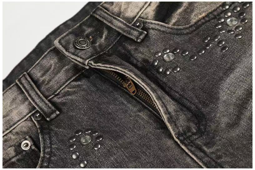 Smoky Grey Rhinestone Splatter Wash Wide-Leg Jeans - OMYGOODS