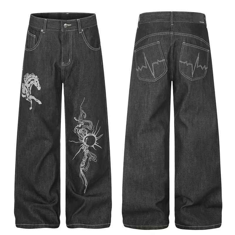 Black Raw Denim Horse & Sun Graphic Print Wide-Leg Jeans
