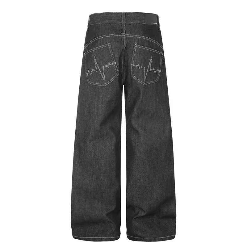 Black Raw Denim Horse & Sun Graphic Print Wide-Leg Jeans