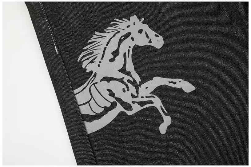 Black Raw Denim Horse & Sun Graphic Print Wide-Leg Jeans