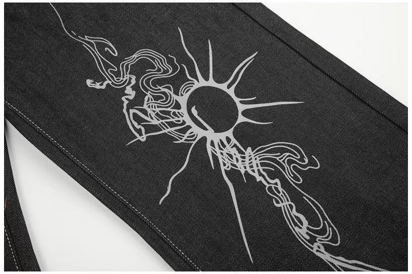 Black Raw Denim Horse & Sun Graphic Print Wide-Leg Jeans - OMYGOODS