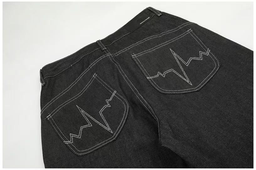 Black Raw Denim Horse & Sun Graphic Print Wide-Leg Jeans - OMYGOODS