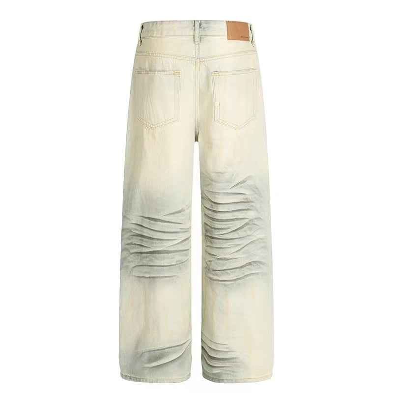 Dirty Yellow Pleated Whisker Wash Wide-Leg Jeans