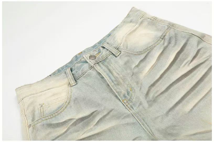 Dirty Yellow Pleated Whisker Wash Wide-Leg Jeans - OMYGOODS