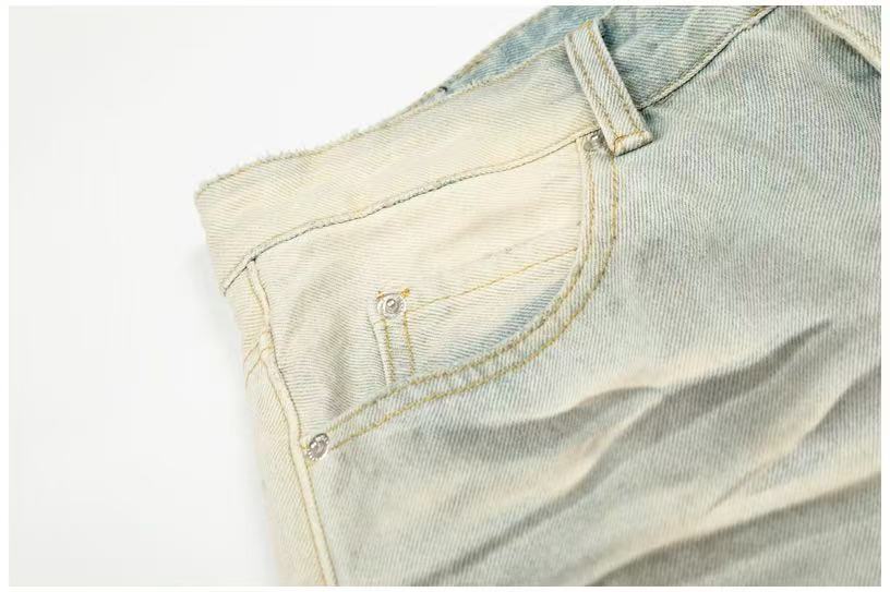 Dirty Yellow Pleated Whisker Wash Wide-Leg Jeans - OMYGOODS