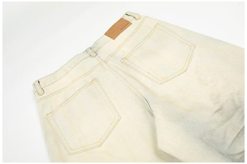 Dirty Yellow Pleated Whisker Wash Wide-Leg Jeans - OMYGOODS