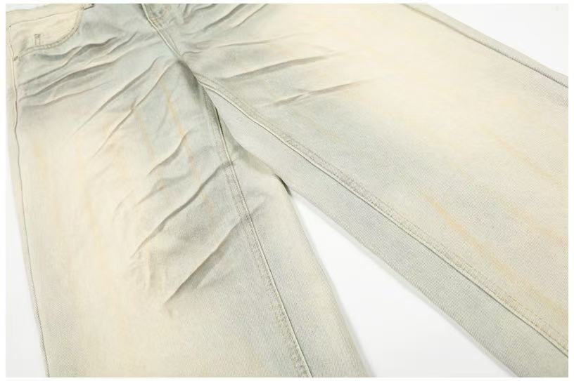 Dirty Yellow Pleated Whisker Wash Wide-Leg Jeans - OMYGOODS