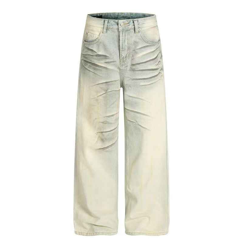 Dirty Yellow Pleated Whisker Wash Wide-Leg Jeans