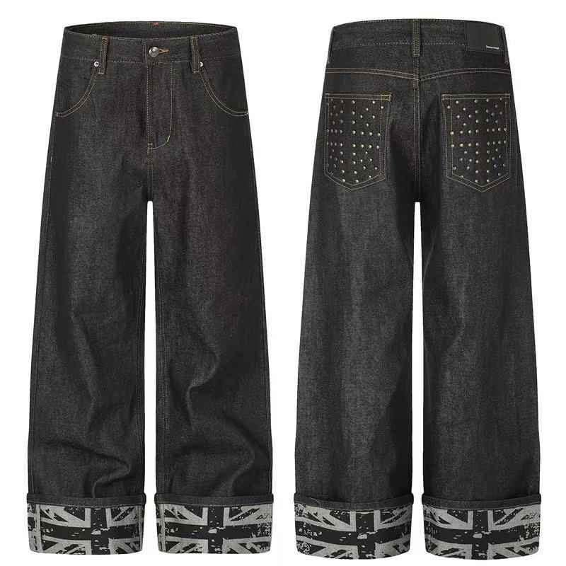 Studded Back Pocket Union Jack Cuff RawBlack Wide-Leg Jeans