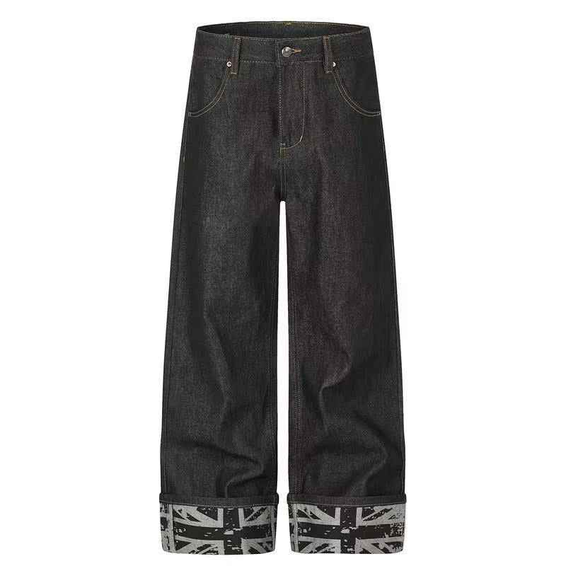 Studded Back Pocket Union Jack Cuff RawBlack Wide-Leg Jeans