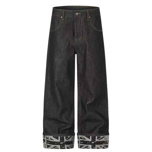 Studded Back Pocket Union Jack Cuff RawBlack Wide-Leg Jeans