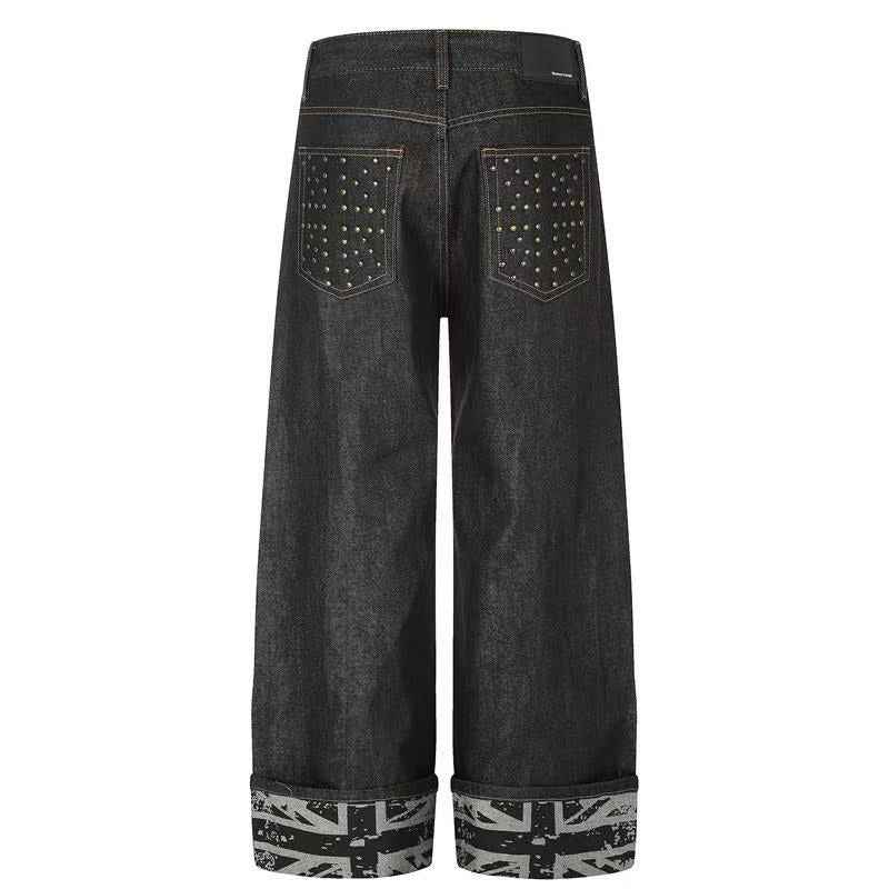 Studded Back Pocket Union Jack Cuff RawBlack Wide-Leg Jeans
