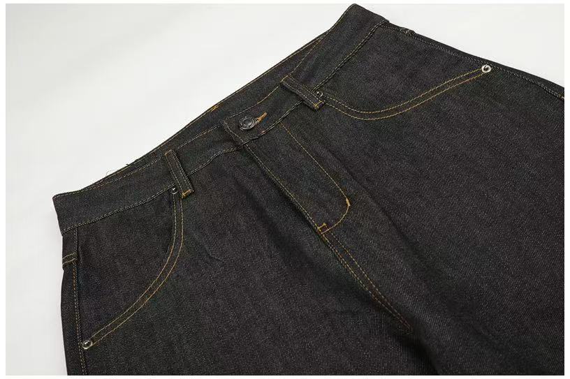 Studded Back Pocket Union Jack Cuff RawBlack Wide-Leg Jeans - OMYGOODS