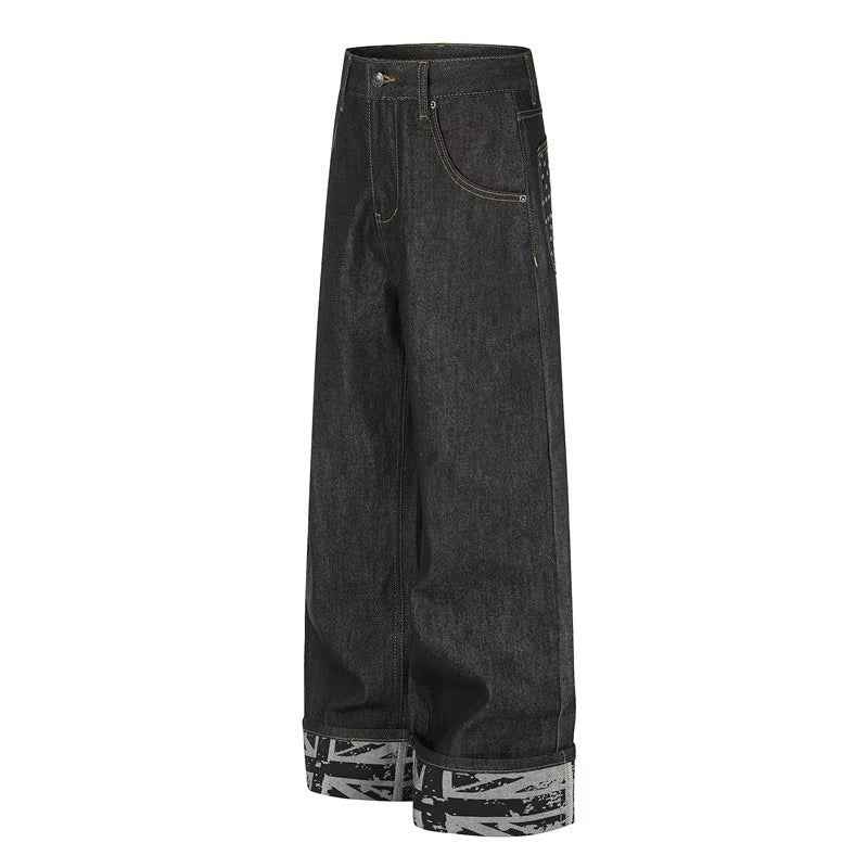 Studded Back Pocket Union Jack Cuff RawBlack Wide-Leg Jeans