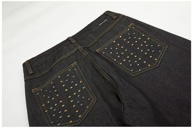 Studded Back Pocket Union Jack Cuff RawBlack Wide-Leg Jeans - OMYGOODS