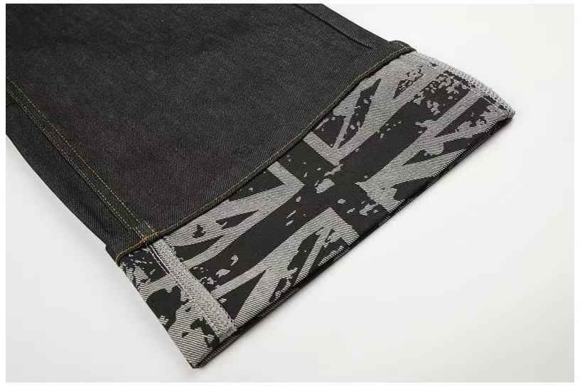 Studded Back Pocket Union Jack Cuff RawBlack Wide-Leg Jeans