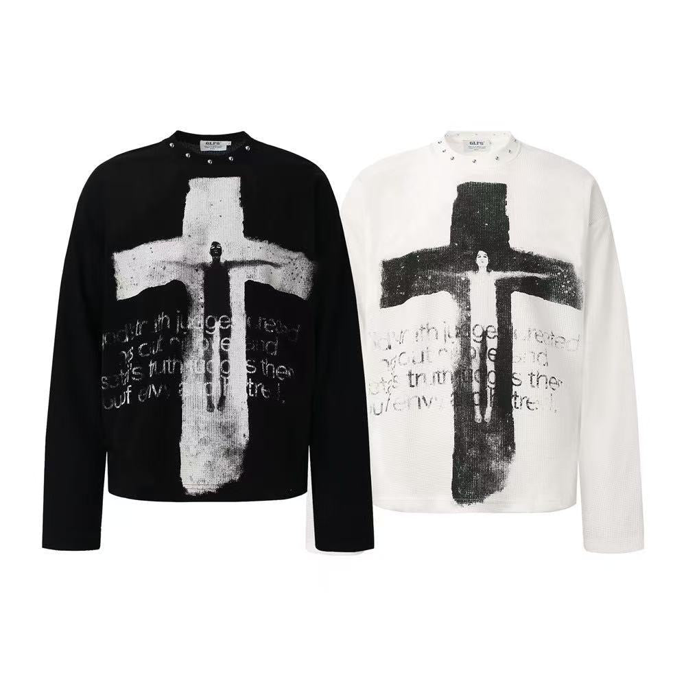 Studded Collar Cross Print Waffle Knit Long Sleeve - OMYGOODS