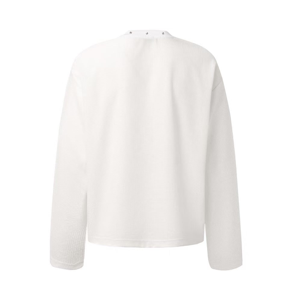 Studded Collar Cross Print Waffle Knit Long Sleeve - OMYGOODS
