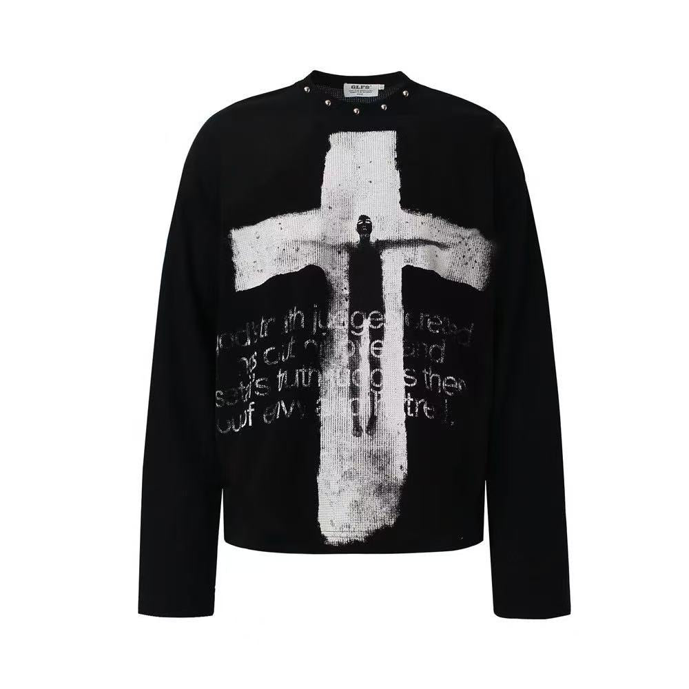 Studded Collar Cross Print Waffle Knit Long Sleeve - OMYGOODS