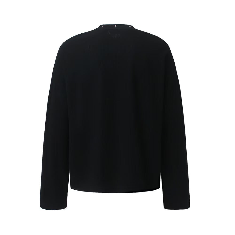 Studded Collar Cross Print Waffle Knit Long Sleeve - OMYGOODS
